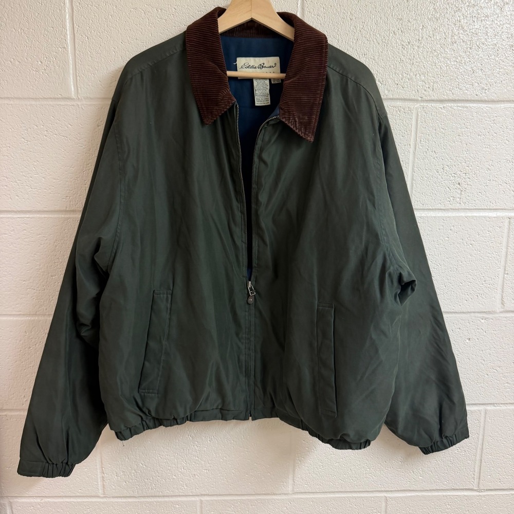 Eddie Bauer Mens Vintage Harrington Bomber Jacket XL Olive Green Corduroy Trim